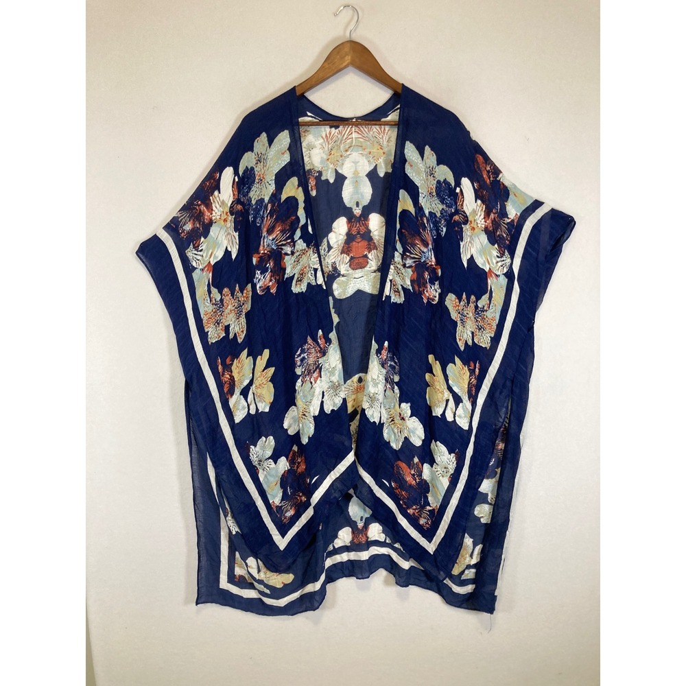 Boho Modena Women One Size Navy Blue Floral Sheer Viscose Kimono Wrap Coverup